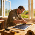 technician building custom solar screen frame in workshop for residential installation