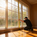 Technician measuring residential window for custom solar screen installation in Rocklin California